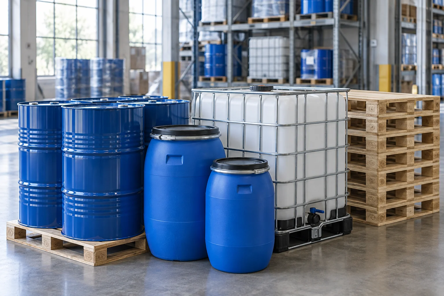 Envases industriales metálicos y plásticos, contenedor IBC y pallets de madera